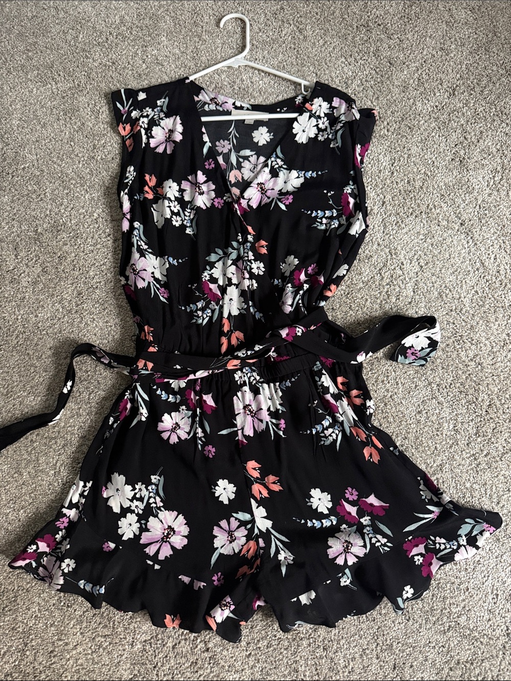 Black Floral Tie-Waist Romper in Pink, White & Coral